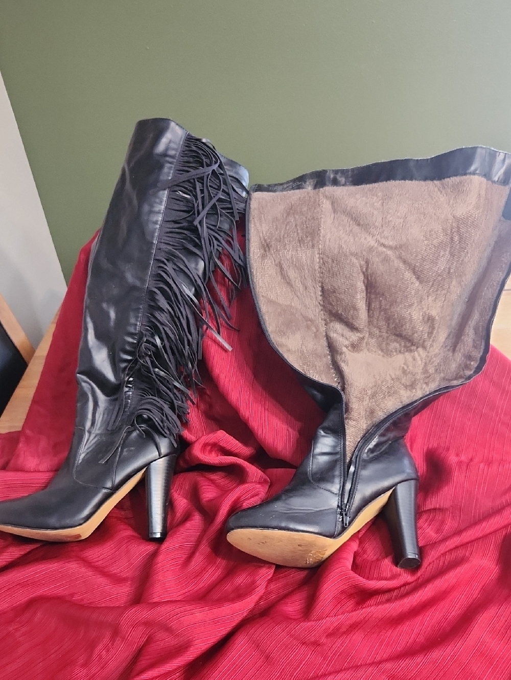 Black Fringe High-Heel Knee Boots
